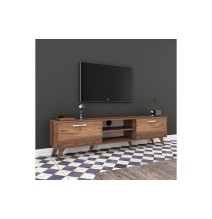 Mueble de TV en Nogal con 2 Cajones y Estantes - 180x35x48.5 cm con Patas de Madera.