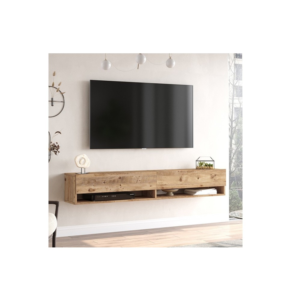 Mueble de TV de Pared Moderno Roble - 180x31,5x29,5 cm - 2 Cajones y Estantes.