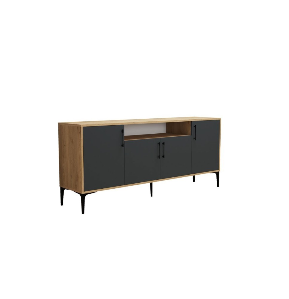 Buffet de Melamina Natural-Gris Oscuro-Negro - 180x40,5x78cm - Elegante Almacenamiento para Comedor